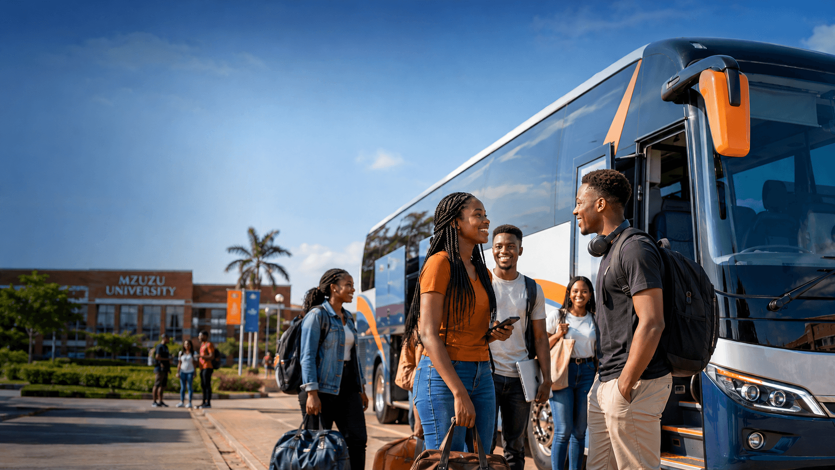 Students boarding a Travel with Hawkins bus